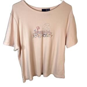 Pink t-shirt Women's XL embroidered bird yard tree flowers